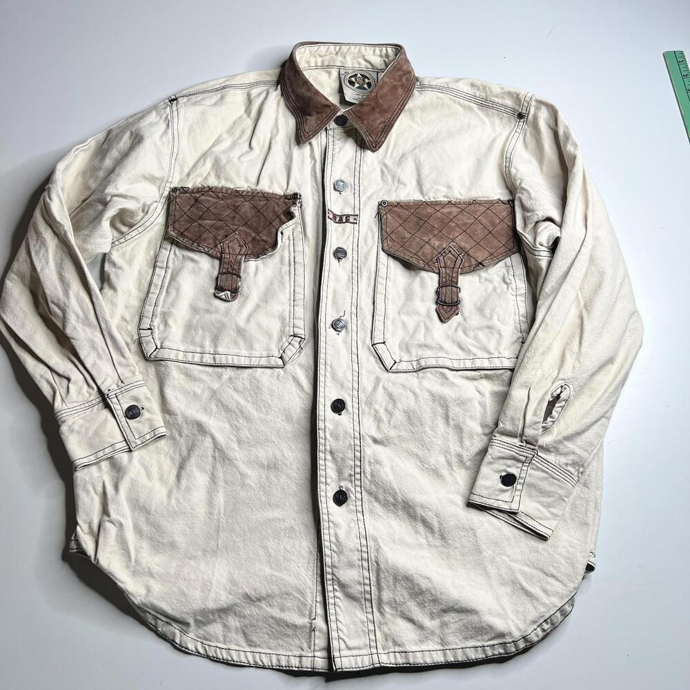 MAC Shirt Mens Large Beige Canvas Long Sleeve Western Leather Pockets Button Up